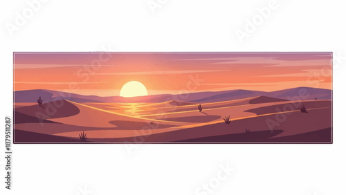 Panoramic view of a desert landscape at sunset with rolling sand dunes and a vibrant orange sky.