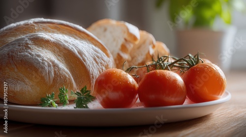 Rustic Italian cuisine featuring fresh tomatoes and crusty bread on a plate