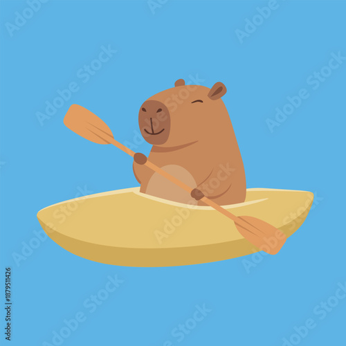 Capybara paddles a kayak on blue water with a calm smile