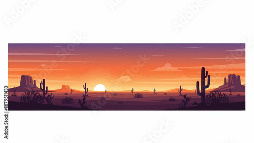 Panoramic view of a desert landscape at sunset with silhouetted cacti and rock formations under a vibrant orange and purple sky.
