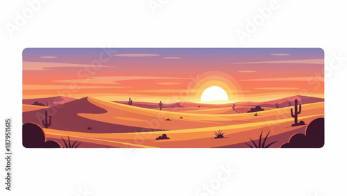 Vibrant desert sunset panorama with warm orange hues, showcasing sand dunes, cacti, and a serene landscape under a colorful sky.