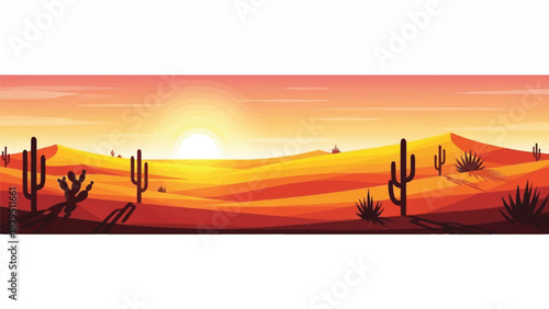 Panoramic view of a desert landscape at sunset, with silhouetted cacti and sand dunes under a vibrant orange and yellow sky.