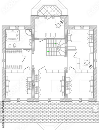Technical vector of a luxury house upper floor plan, featuring four bedrooms, a home office, and a large patterned rooftop terrace.