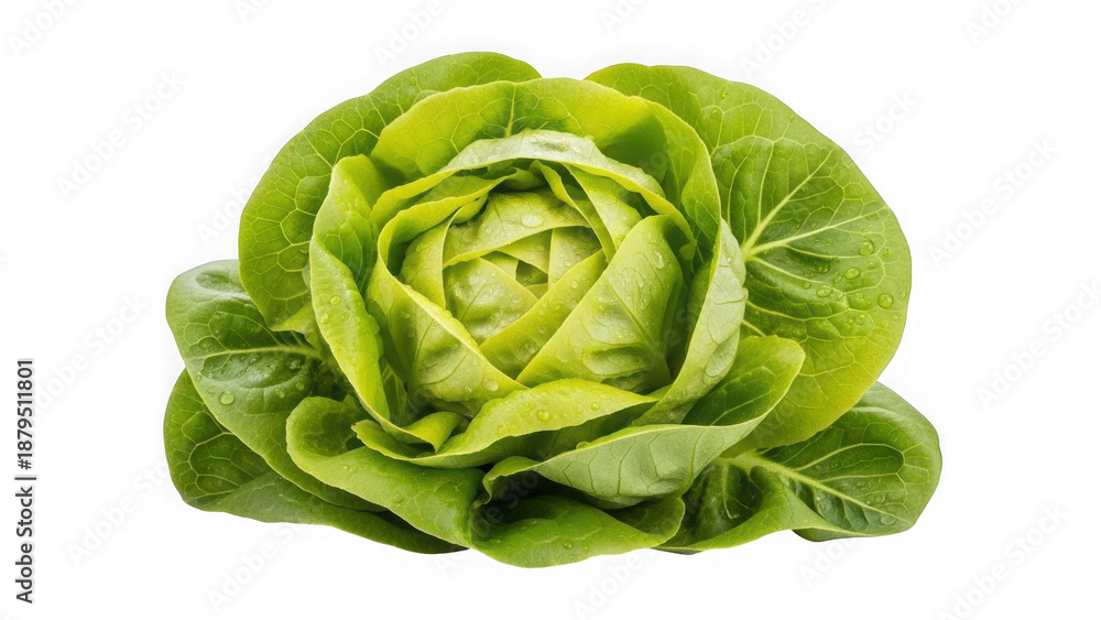 Fototapeta premium Fresh green butter lettuce head with glistening dew drops, healthy vegetable, isolated on transparent background