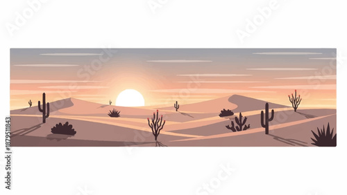 Panoramic view of a desert landscape at sunset with sandy dunes, cacti, and a vibrant orange sky.