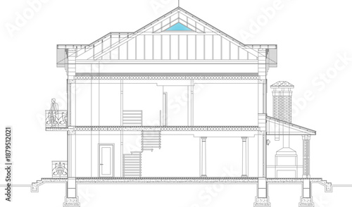 Technical vector of a detailed architectural cross-section of a two-story house, showing interior rooms, staircase, roofing structure, and a person on the balcony for scale.