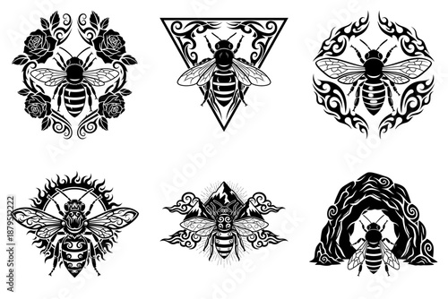 Bee Tribal Set of Six with Rose, Mountain, Flame and Triangle Motifs in Monochrome Style