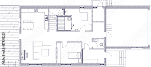 Technical vector of a residential floor plan, featuring a private sauna, spacious living area, and a large outdoor terrace.