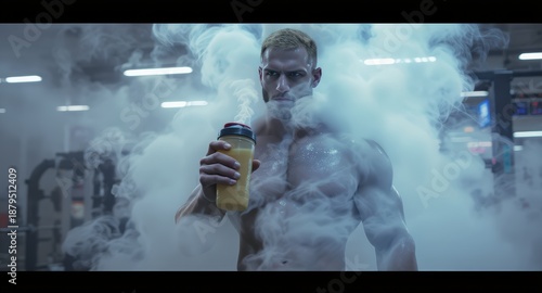 Muscular Man Holding Protein Shake Surrounded by Fog in Fitness Gym Setting
