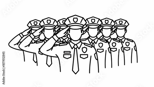 Group of uniformed officers saluting together in a ceremonial event illustration