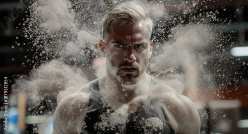 Intense Young Man Concentrating During Powder Workout in Gym with Dynamic Dust Effect