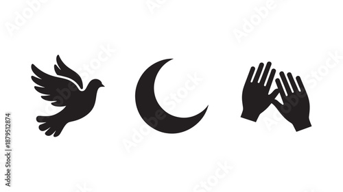Vector Illustration Of Dove, Crescent Moon, And Praying Hands For Peace And Spirituality Concept