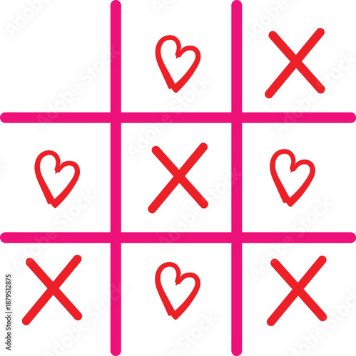 Classic tic tac toe game board illustrating a tied match using red x marks and hand drawn pink hearts symbols.