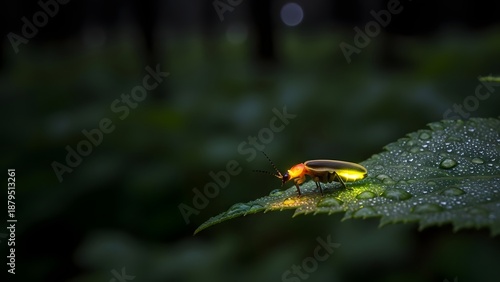 Realistic night macro photography of firefly glowing naturally while resting on leaf
