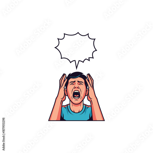 Frustrated man with hands on head and speech bubble