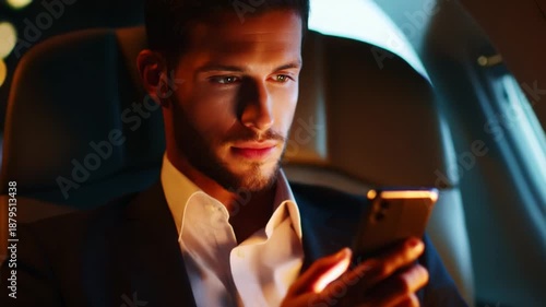 A focused man engrossed in his smartphone while seated in a stylish, dimly-lit interior space, showcasing the allure of modern technology and personal connectivity in a sophisticated setting.