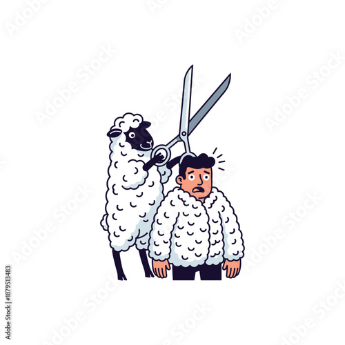 Man getting sheepish haircut from sheep with scissors