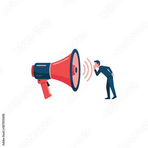 Man using megaphone to amplify his voice loudly