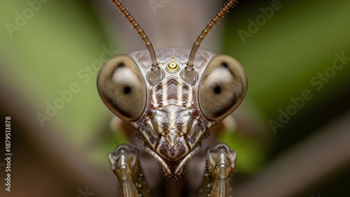 Ultra-sharp macro photograph of praying mantis face showing compound eyes