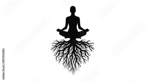 Person meditating with roots growing from body symbolizing connection to nature and inner peace.