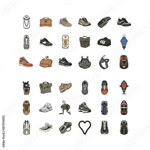 Variety of shoes and bags for travel and outdoor activities