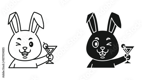 Happy cartoon rabbit enjoying cocktail