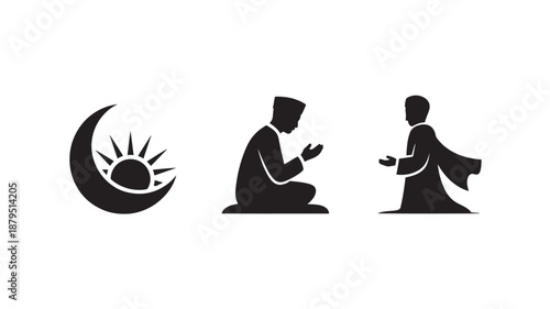 Vector Illustration Of Muslim Man Praying And Crescent Moon With Sun For Ramadan And Islamic Concept