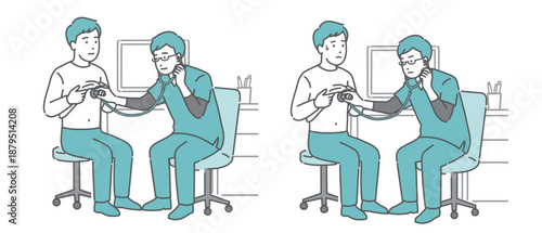 スクラブを着た男性医師による男性患者の聴診イラストセット（正常・異常/体調不良）