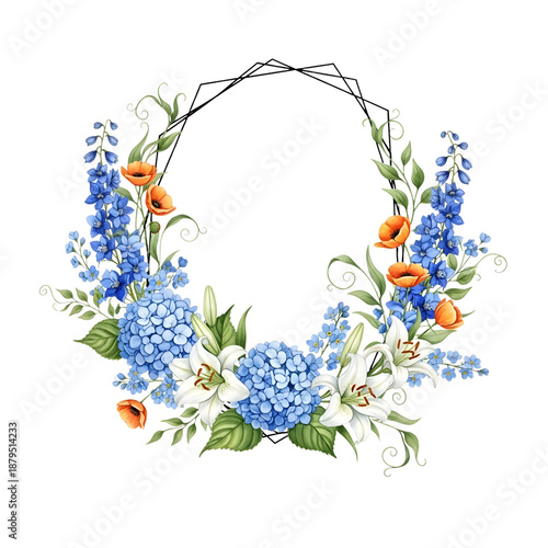 Watercolor floral wreath frame featuring blue hydrangeas, white lilies, and orange poppy flowers on white background