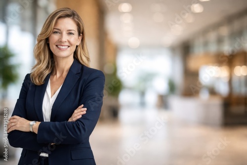A confident businesswoman smiling and standing in a modern office lobby. She is dressed in a professional dark suit with her arms crossed, showcasing a welcoming and confident demeanor.