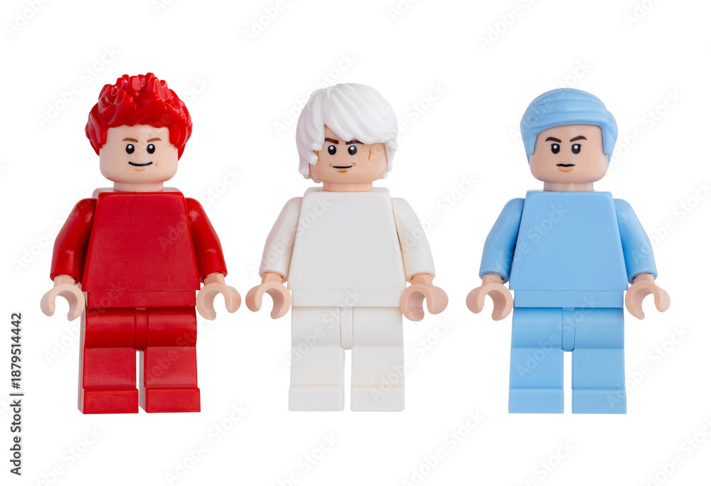 Fototapeta premium Dortmund - Deutschland 16. Januar 2026 Lego Minifiguren in den Farben rot weiß und blau - Studio Aufnahme