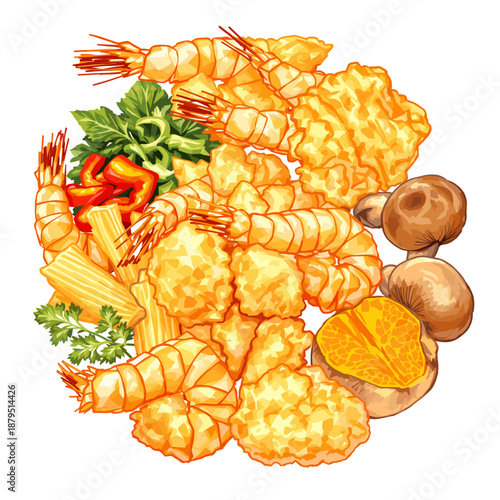A vibrant and appetizing assortment of deep-fried seafood and vegetables, artfully arranged.