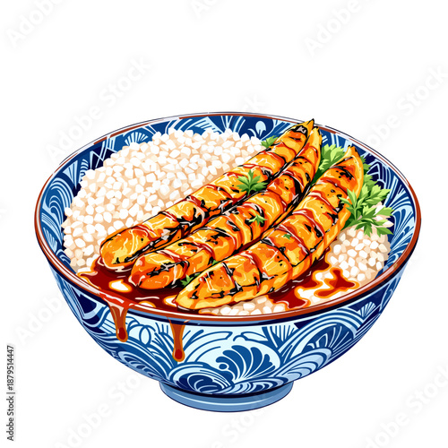 A close-up illustration of a delicious bowl of rice topped with three grilled plantains drizzled with sauce.