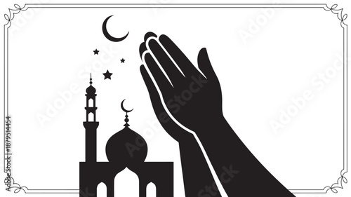 Vector Illustration Of Muslim Hand Praying In Front Of Mosque With Crescent Moon And Stars For Ramadan And Islamic Concept