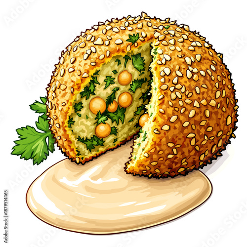 A delicious, golden-brown falafel ball coated in sesame seeds, served with a creamy tahini sauce and a sprig of parsley.