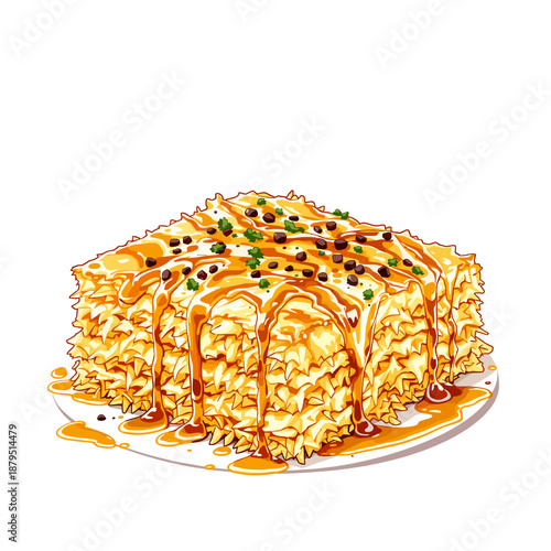 A delicious-looking square cake drizzled with caramel sauce and topped with dark chocolate chips and green herbs.