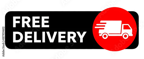 Free Delivery Badge with a Red Circle and White Speeding Truck Icon over a Black Banner for E-commerce and Logistics Services