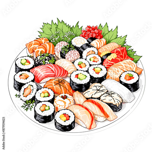 A large platter filled with a variety of fresh and colorful sushi and sashimi dishes, artfully arranged with green garnishes.