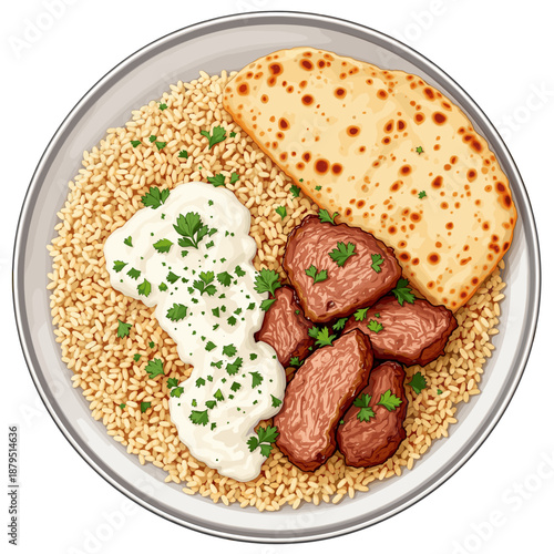 A top-down view of a delicious meal featuring rice, tender beef cubes, a dollop of creamy sauce, and a piece of flatbread, garnished with fresh parsley.