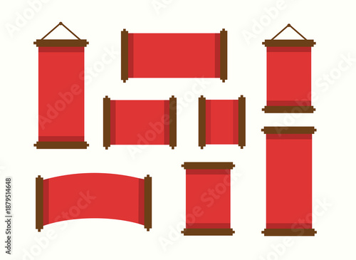 Chinese Red Scroll Banner Vector Set
