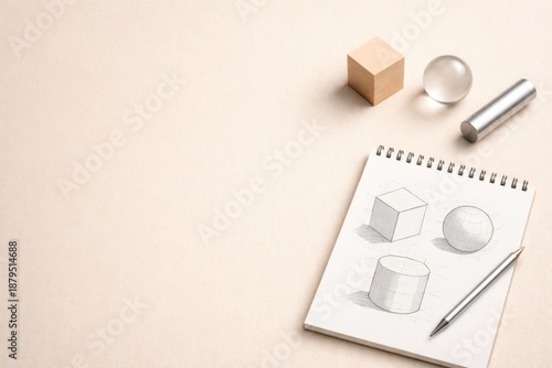 A sketchbook with pencil drawings of geometric shapes, including a cube, sphere, cylinder, and prism, with drawing tools and physical models nearby, ideal for topics on design, creativity, or learning