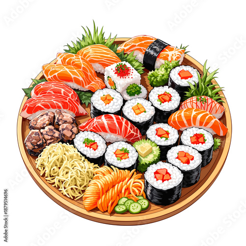 A vibrant and artfully arranged platter of assorted sushi and sashimi, showcasing fresh salmon, tuna, and various rolls with garnishes.