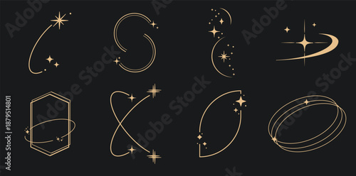 Sparkle star frame. wreath round stardust border for party, birthday decor design. laurel frame with, cosmic glitter shine. isolated black flat vector illustration.