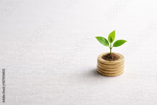 A small plant growing from a stack of coins, symbolizing financial growth, investment, and sustainability. Ideal for use in topics related to green business, eco-friendly investments, and sustainable 