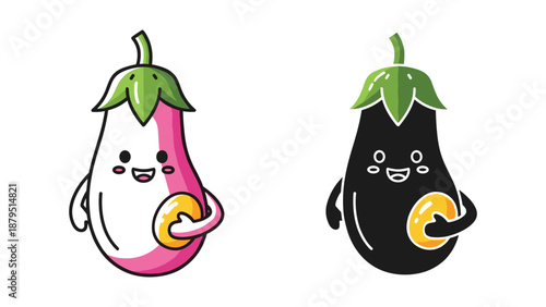 Cute cartoon eggplant characters holding coins