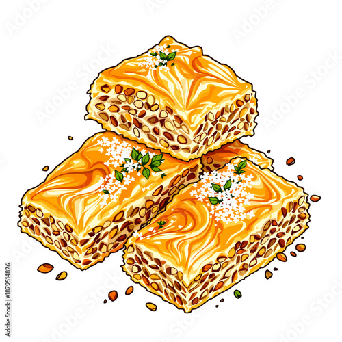 A close-up illustration of three pieces of baklava stacked and arranged on a white background, garnished with mint and sugar.