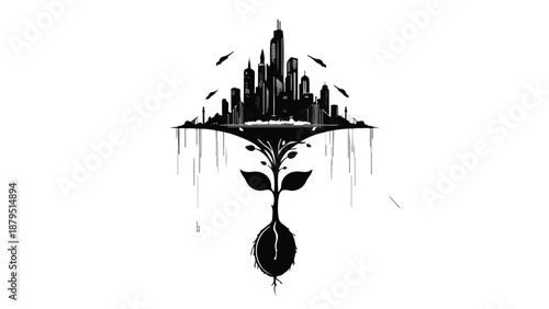 Urban growth sprouting from nature, symbolizing ecological balance and sustainable city development.