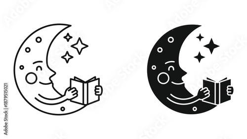 Crescent moon reading a book under starry night