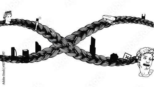 Intertwined strands of braided hair form an infinity symbol, adorned with miniature cityscapes and classical busts, symbolizing connection and the flow of time.