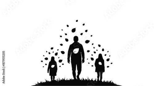 Silhouettes of a family embracing nature, symbolizing growth and connection to the environment.